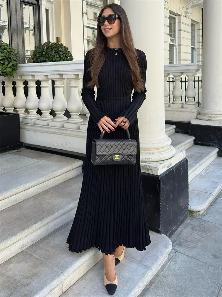 Tossy Lace-Up Knit Maxi Dress - High Waist Patchwork Long Sleeve