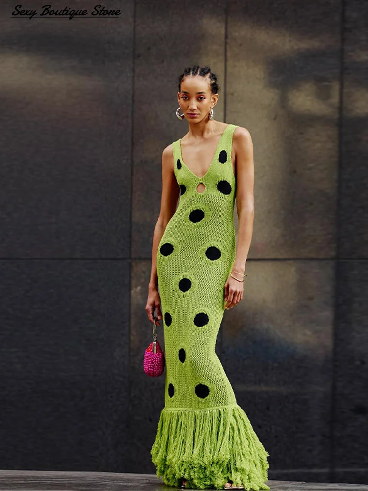Knitted Maxi Dress - See-Through Design with Tassel Hem