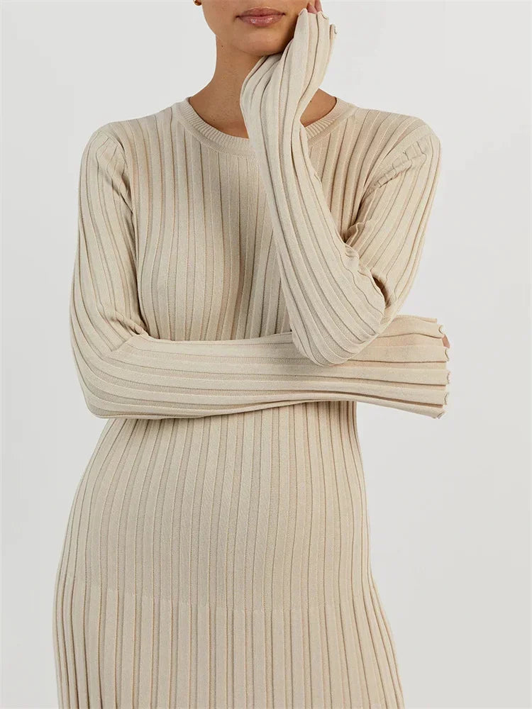 Tossy Lace-Up Knit Maxi Dress - High Waist Patchwork Long Sleeve