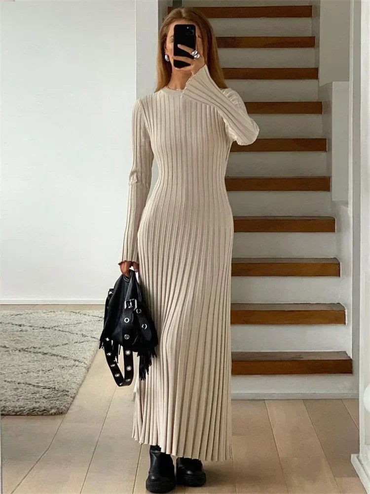 Tossy Lace-Up Knit Maxi Dress - High Waist Patchwork Long Sleeve