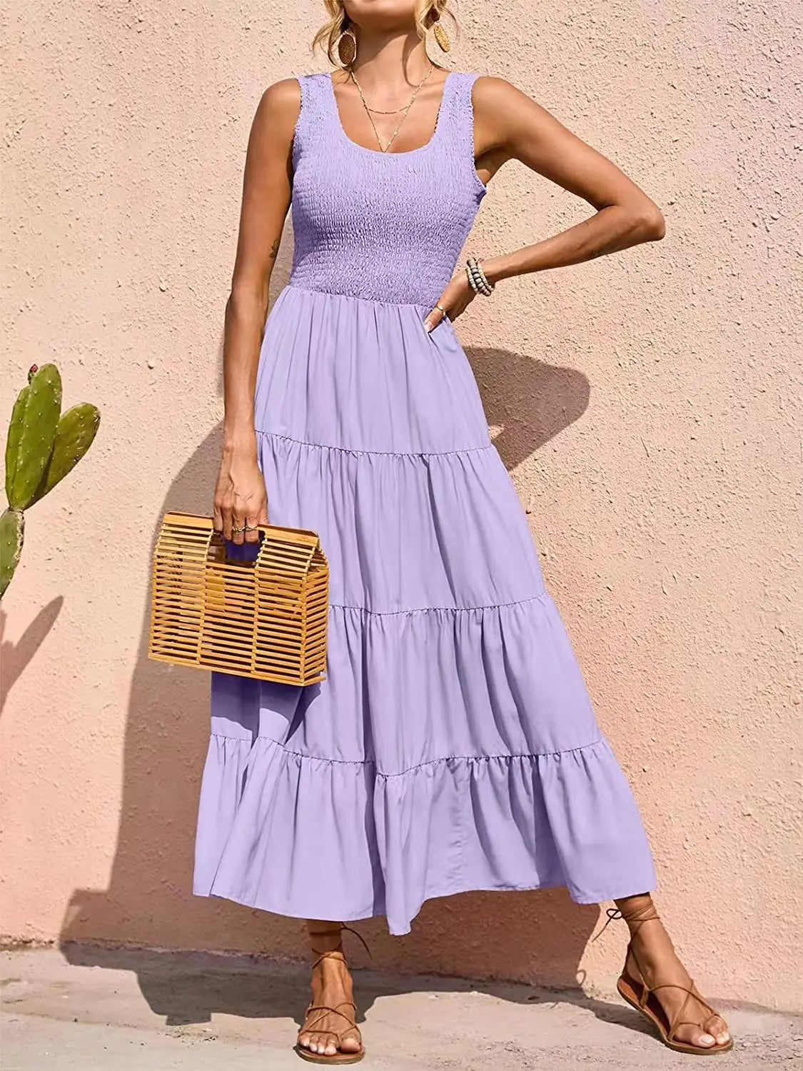 Elegant Sleeveless Summer Long Dress - Solid Colour Elastic Waist Beach Party Dress