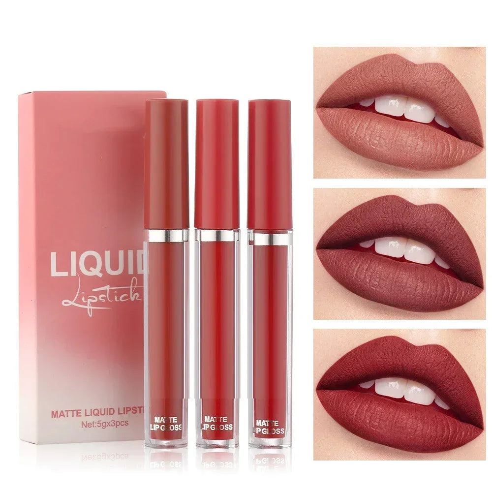 3-Piece Velvet Matte Liquid Lipstick Set - Waterproof Long-Wear