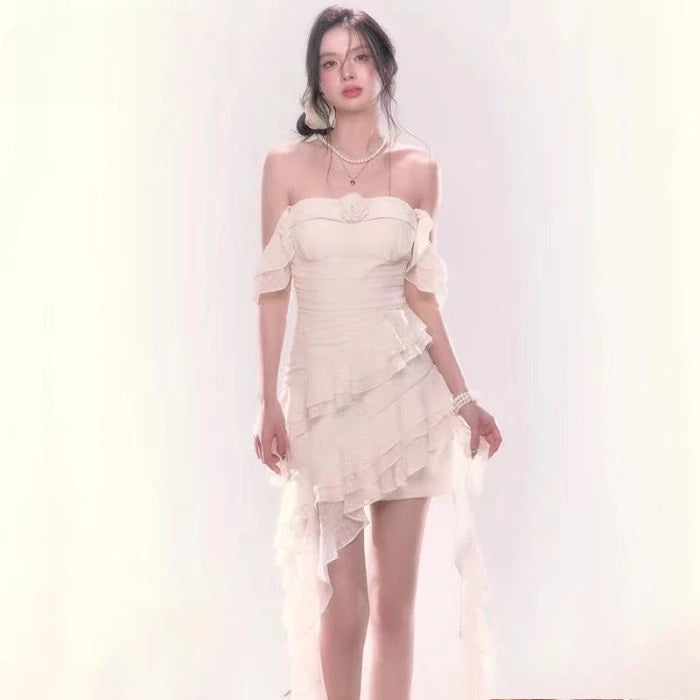 French Summer Slim Dress - Elegant Sleeveless One Shoulder Evening Party Dress