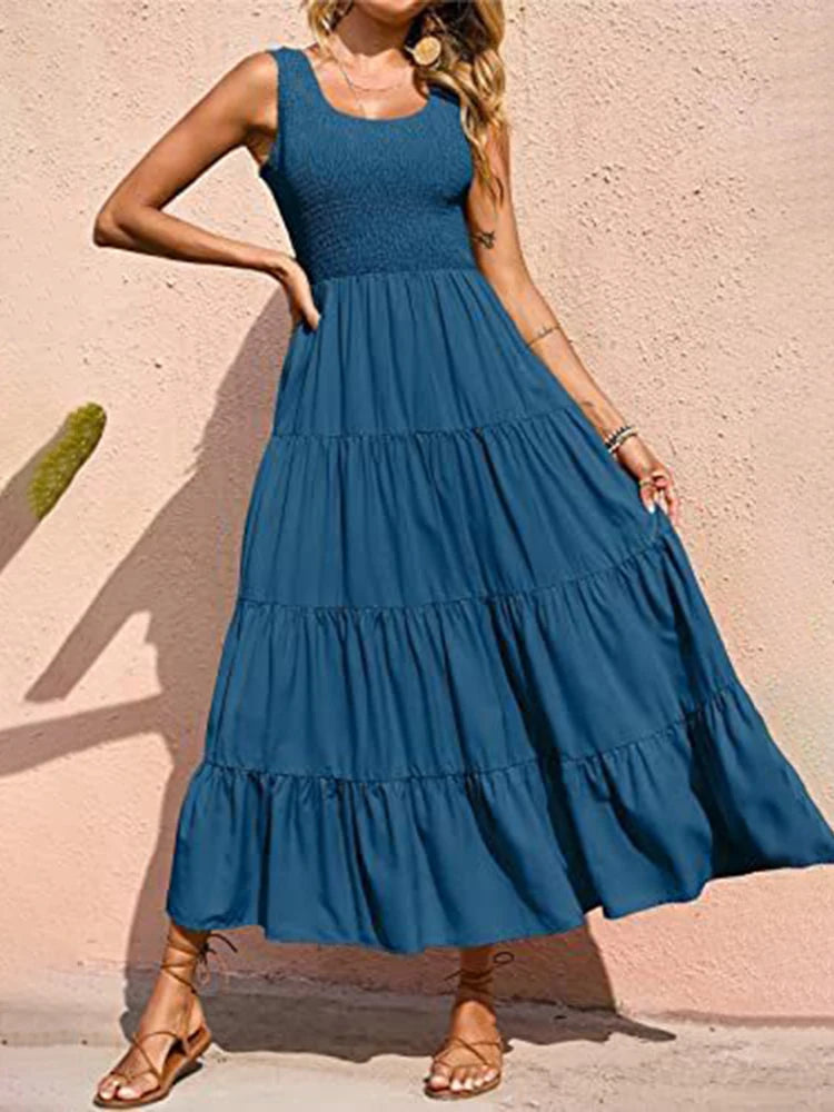 Elegant Sleeveless Summer Long Dress - Solid Colour Elastic Waist Beach Party Dress