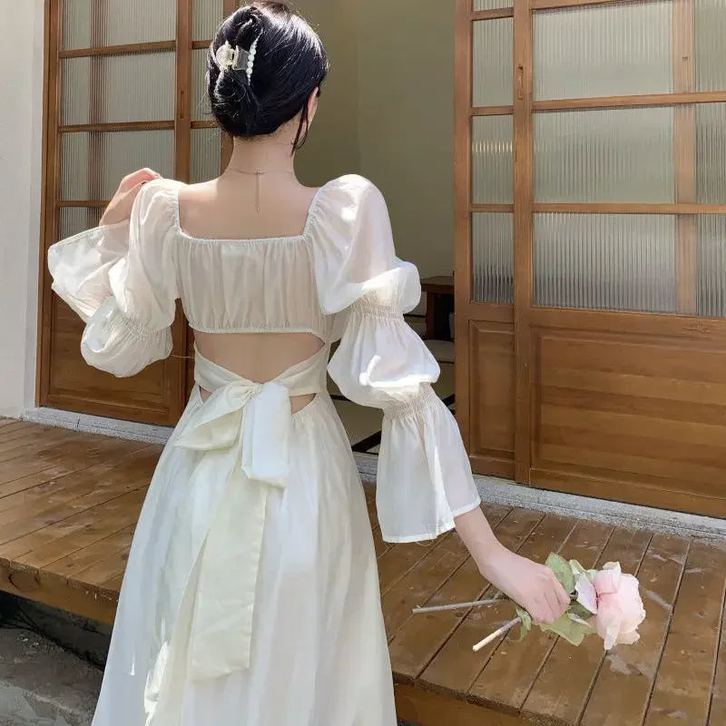 Sweet Back Puff Sleeve Dress - Pink Bandage Chiffon Dress