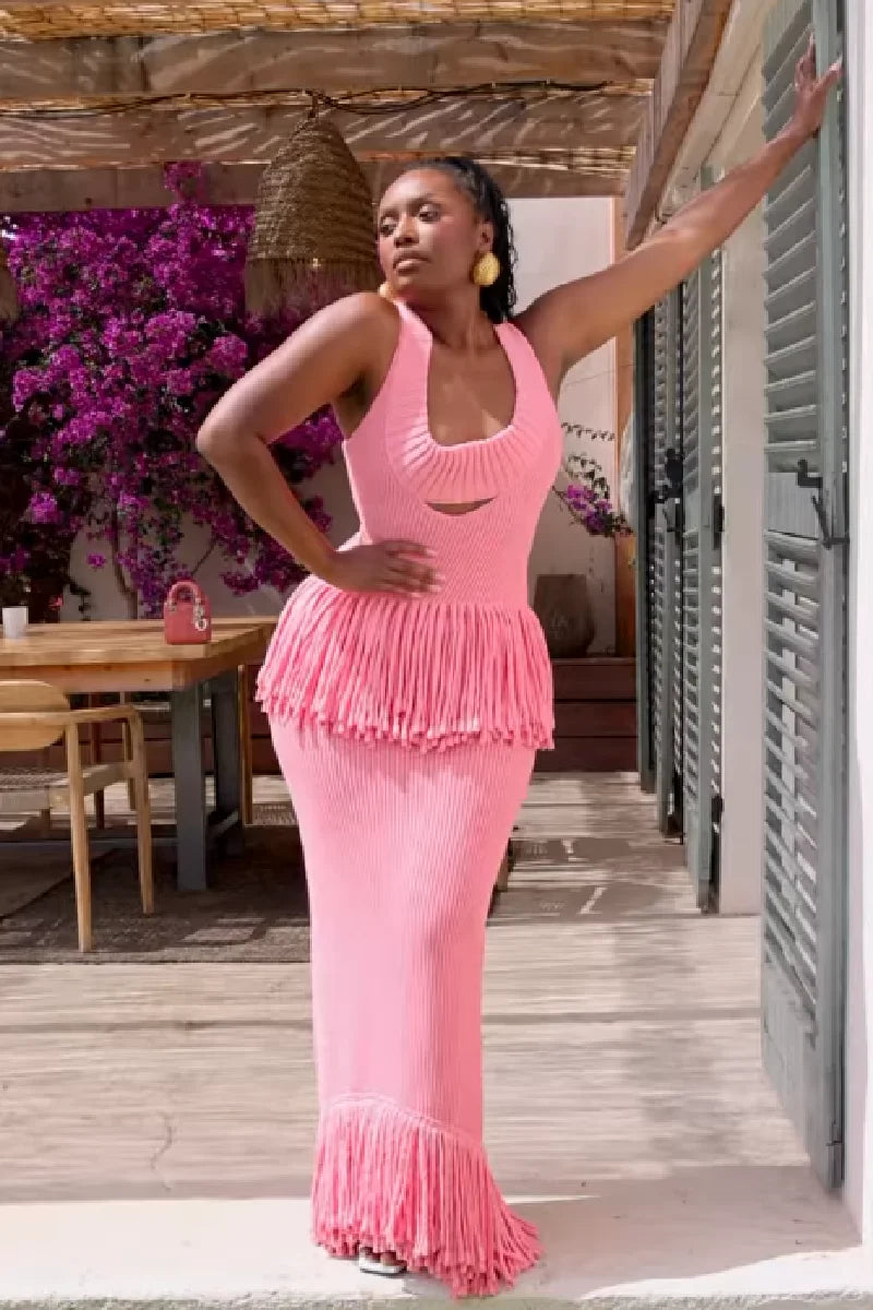 Knitted Maxi Dress - See-Through Design with Tassel Hem