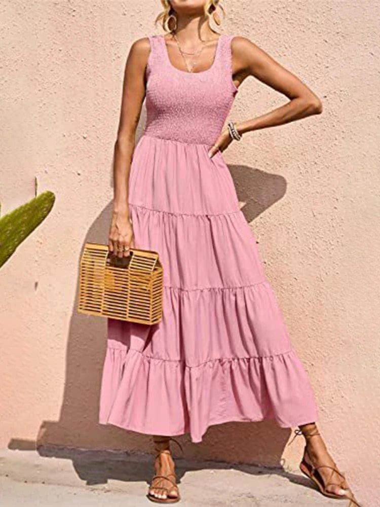 Elegant Sleeveless Summer Long Dress - Solid Colour Elastic Waist Beach Party Dress