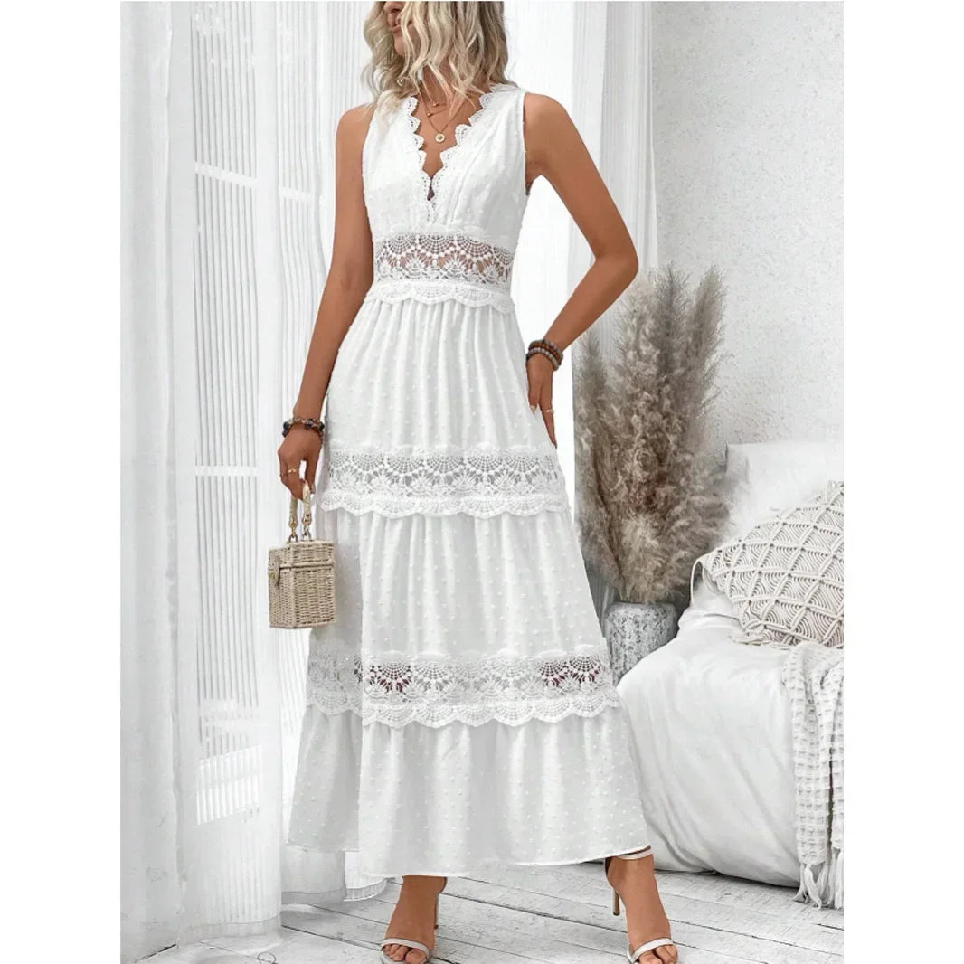 Women's White Lace V-Neck Sleeveless Dress - High Waist Ankle Length Long Dress