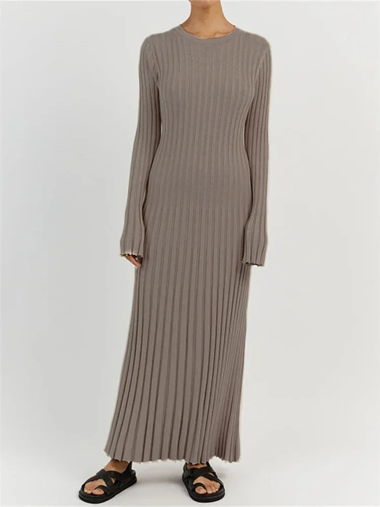 Tossy Lace-Up Knit Maxi Dress - High Waist Patchwork Long Sleeve