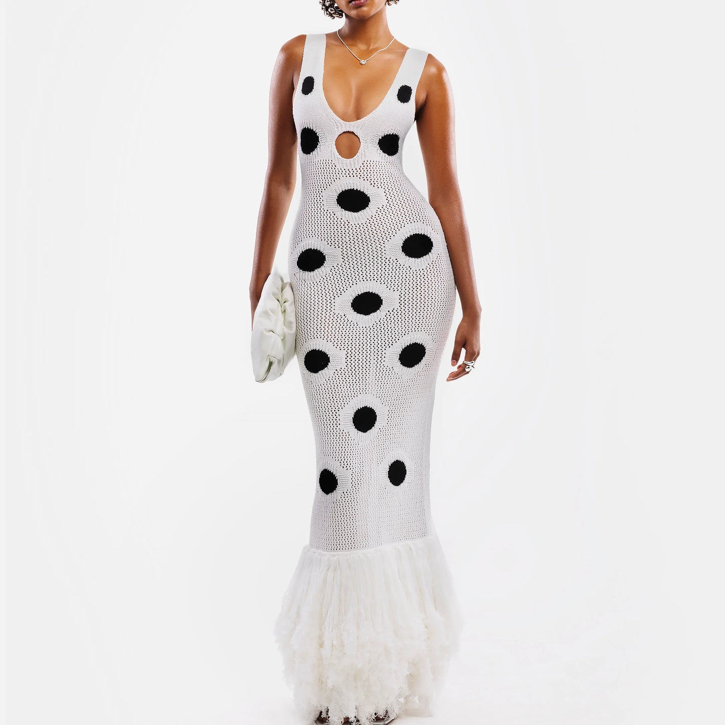 Knitted Maxi Dress - See-Through Design with Tassel Hem