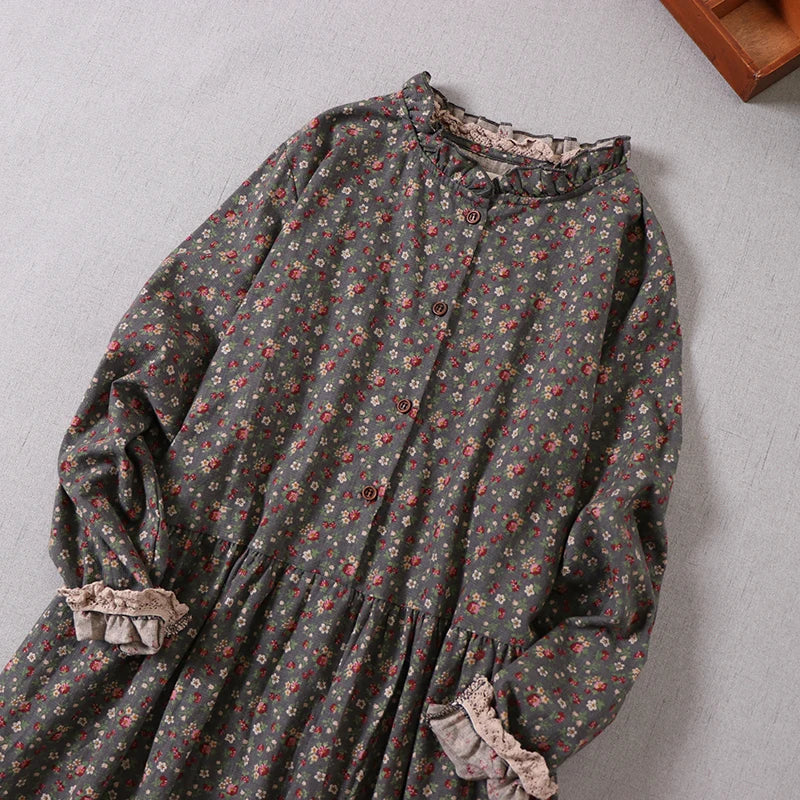 Japanese Mori Girl Vintage Floral Print Cotton Dress - Long Sleeve A-Line Spring Autumn Dress