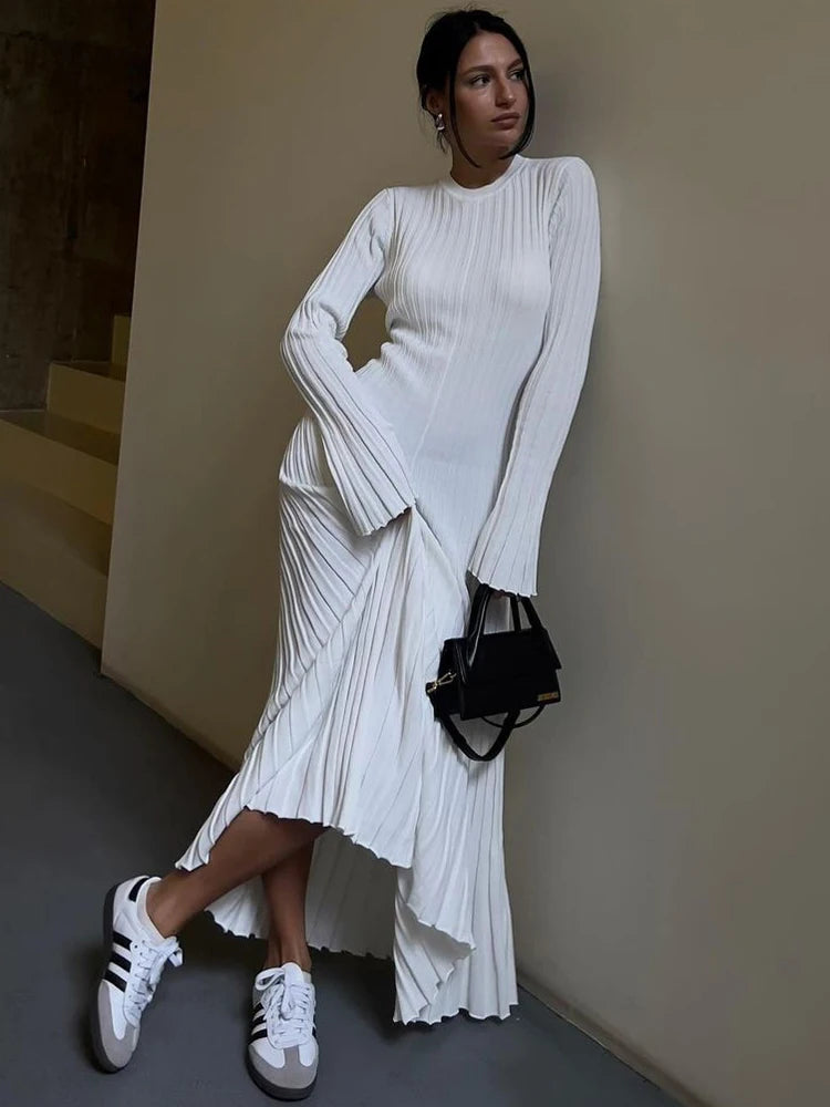 Tossy Lace-Up Knit Maxi Dress - High Waist Patchwork Long Sleeve