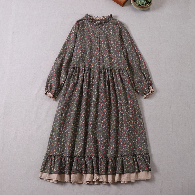 Japanese Mori Girl Vintage Floral Print Cotton Dress - Long Sleeve A-Line Spring Autumn Dress