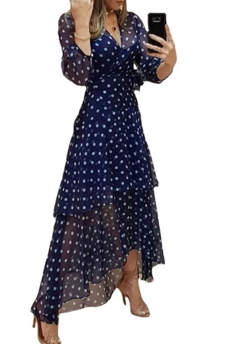 Wave Dot Print Long Dress - V-Neck Long Sleeve with Irregular Hem