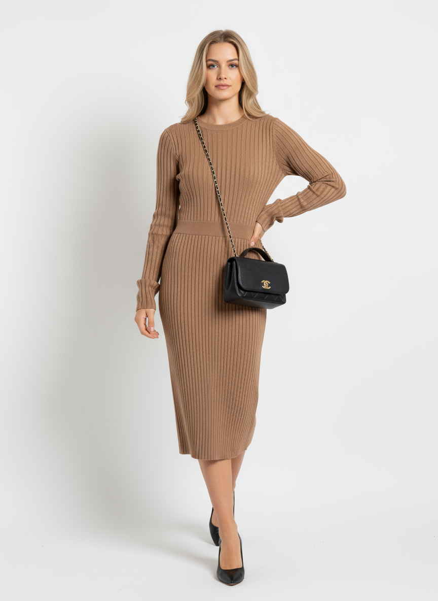Tossy Lace-Up Knit Maxi Dress - High Waist Patchwork Long Sleeve