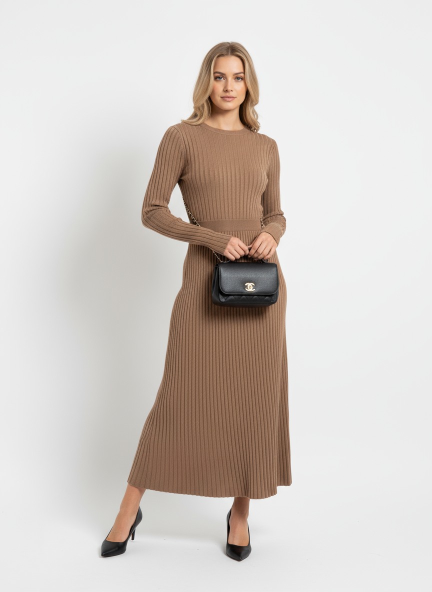 Tossy Lace-Up Knit Maxi Dress - High Waist Patchwork Long Sleeve