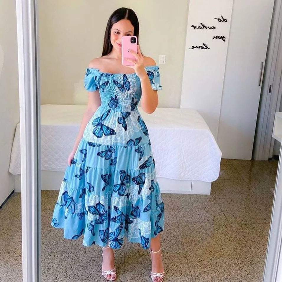 Women's High Waisted Long Dress - Elegant Loose Fit Contrasting Colours Beach Summer Dress