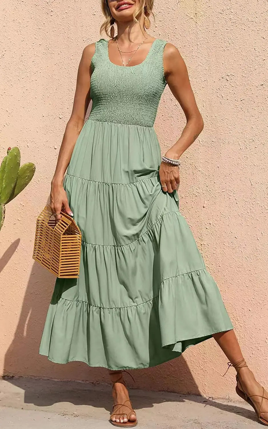 Elegant Sleeveless Summer Long Dress - Solid Colour Elastic Waist Beach Party Dress