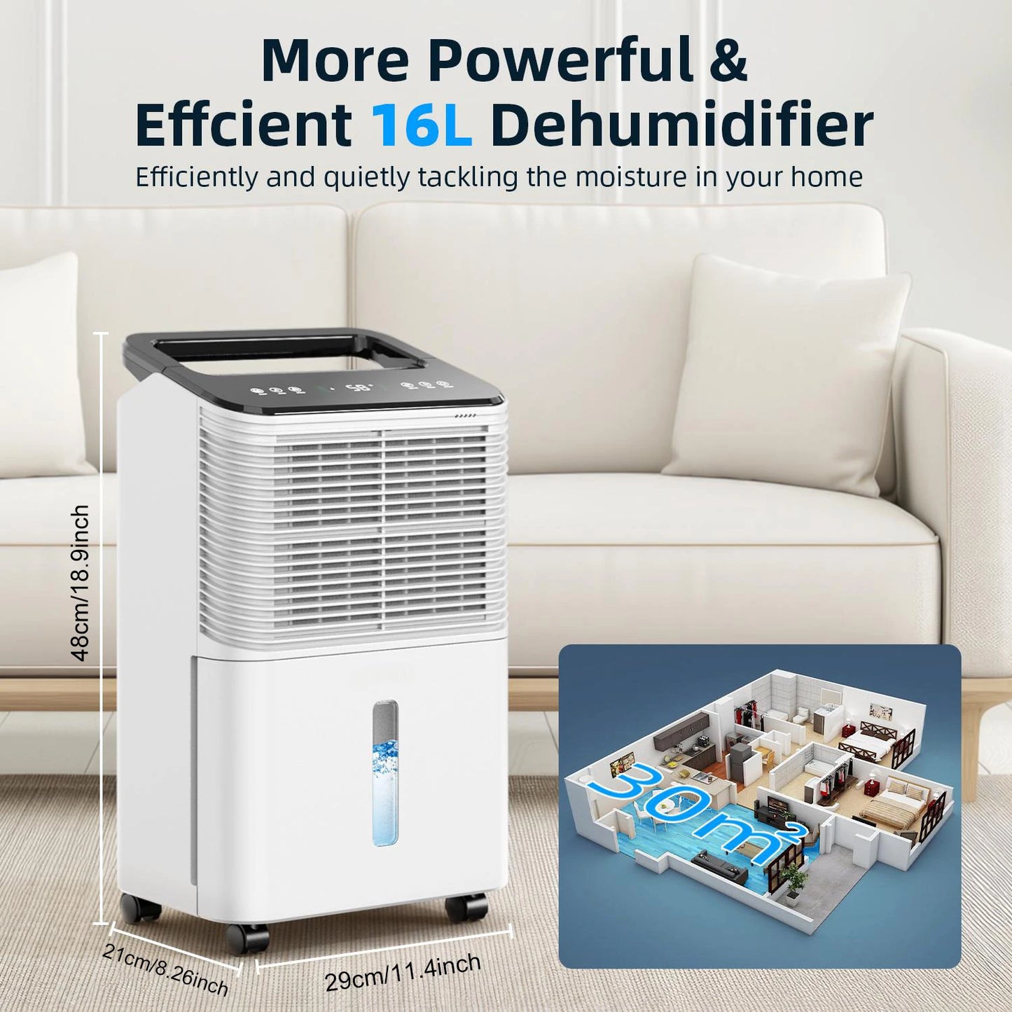 Dehumidifier for Bedroom  16 L/day, Ultra-quiet Electric Intelligent Central Control,  Auto Mode, Moisture Display, 24h Timer