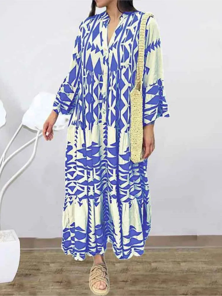 Printed Long Sleeve Dress - V-Neck High Waist Casual Style