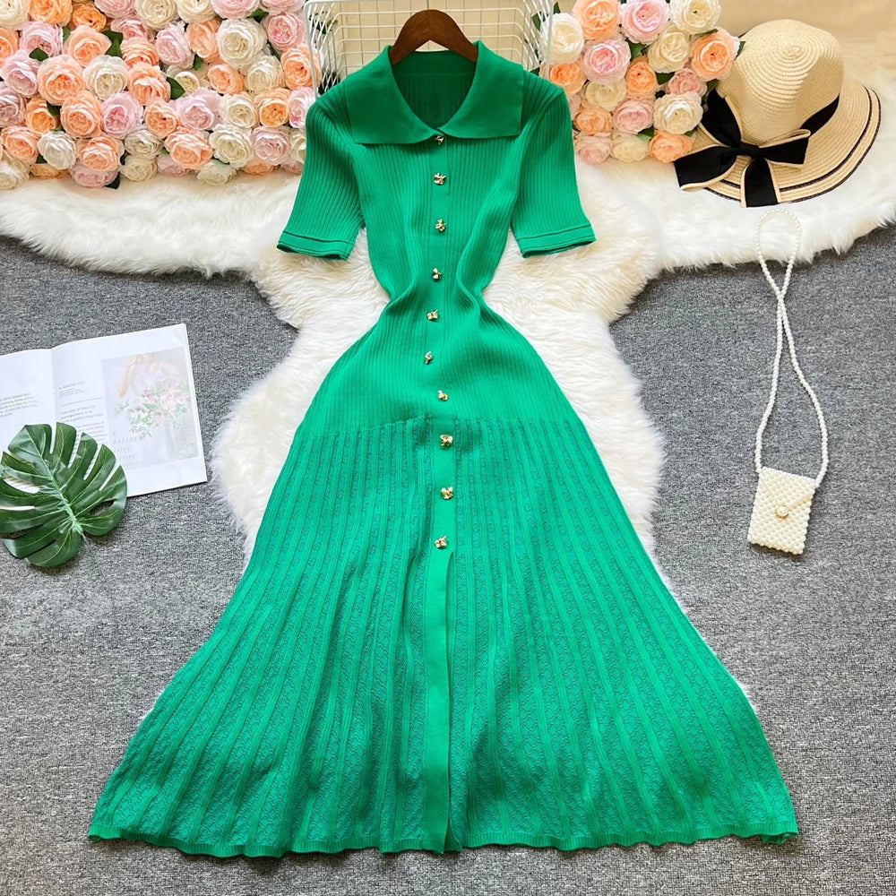 Vintage Knit Maxi Dress - Turn-Down Collar A-Line Style