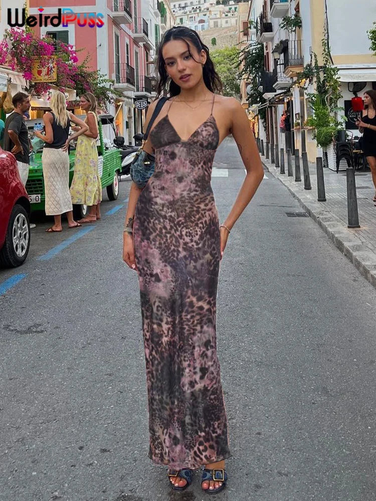 Butterfly Print Backless Dress - Spaghetti Strap Halter Style