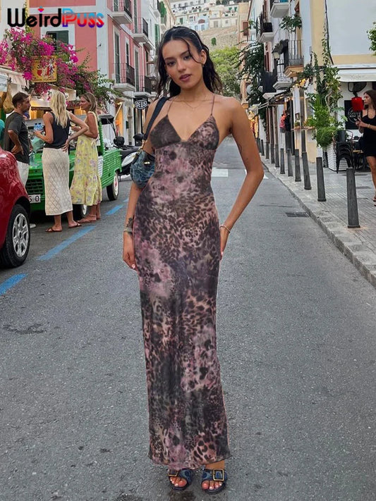 Butterfly Print Backless Dress - Spaghetti Strap Halter Style