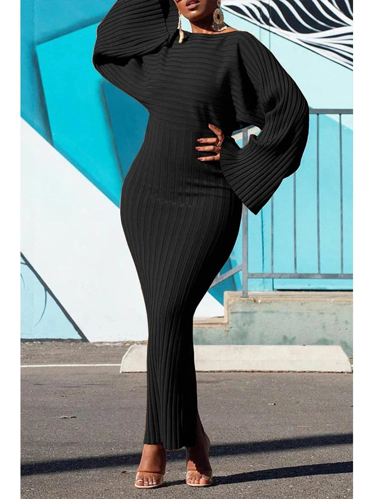 Batwing Sleeve Knitted Dress - Bodycon Ribbed Long Style