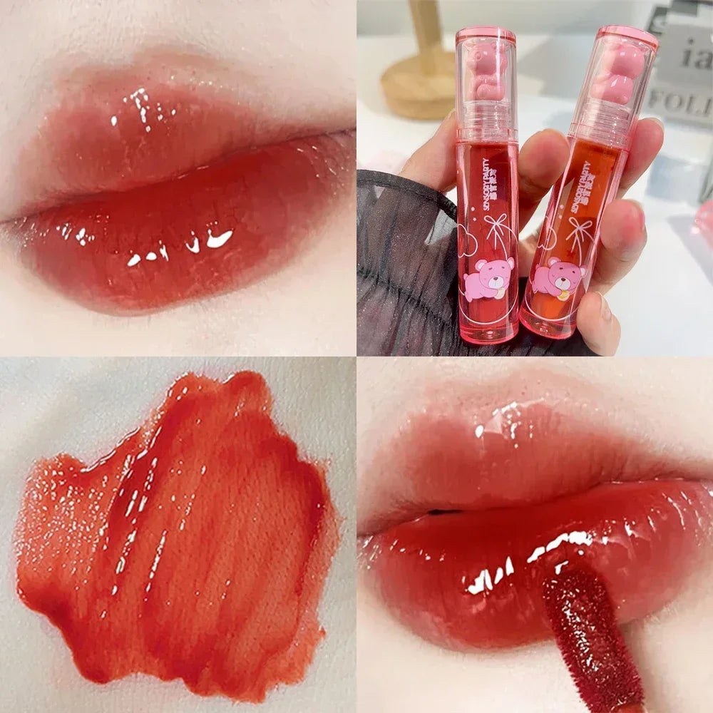 Cute Bear Lip Gloss Crystal Jelly Mirror Waterproof Liquid Lipstick Moisturizing Reducing Lip Lines Long Lasting Lip Ink Makeup