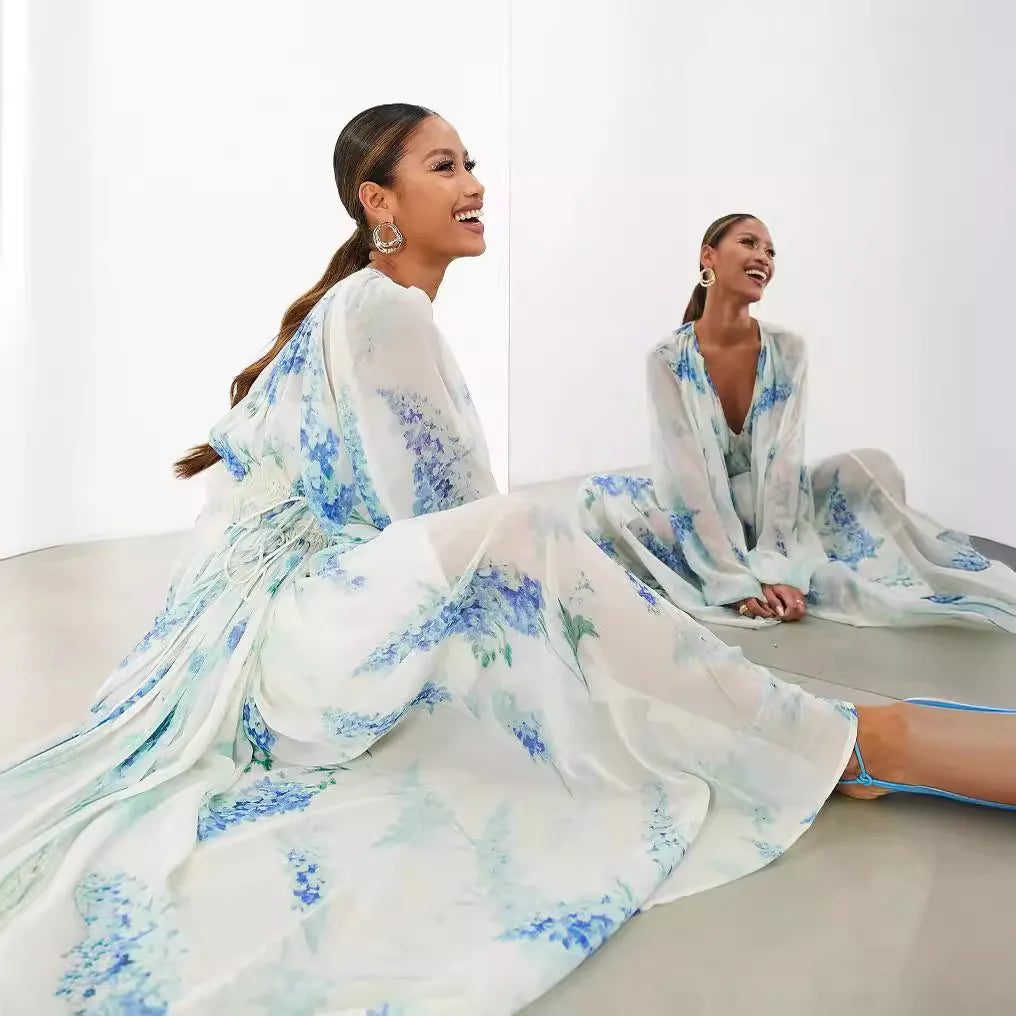 Elegant Print Chiffon Dress - V-Neck Long Sleeve Party Style
