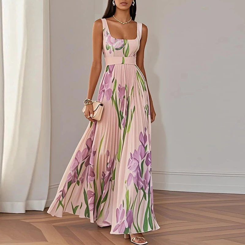 Floral Print Sleeveless Dress - Square Collar Party Style