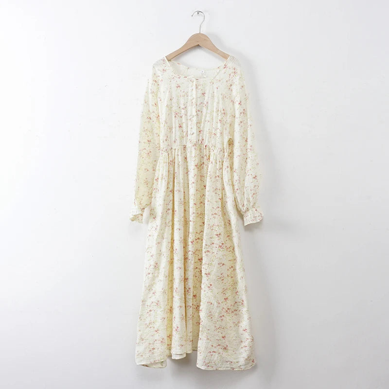 Cotton Gauze Print Dress - Casual Long Sleeve Button-Up