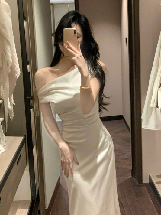 French Summer Slim Dress - Elegant Sleeveless One Shoulder Evening Party Dress