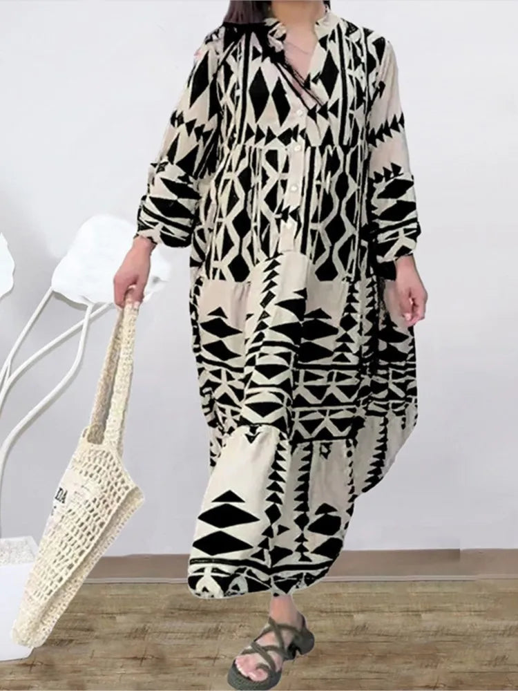 Printed Long Sleeve Dress - V-Neck High Waist Casual Style