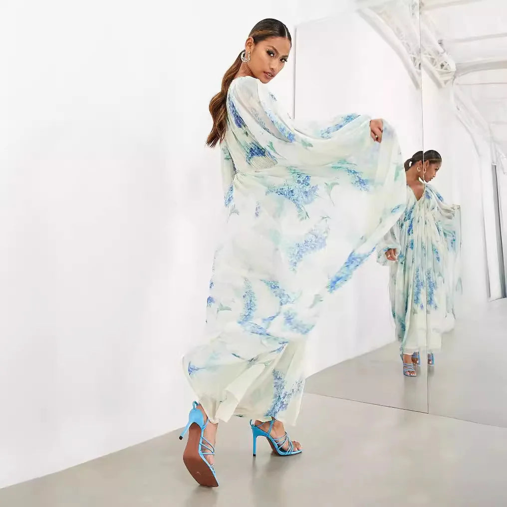 Elegant Print Chiffon Dress - V-Neck Long Sleeve Party Style