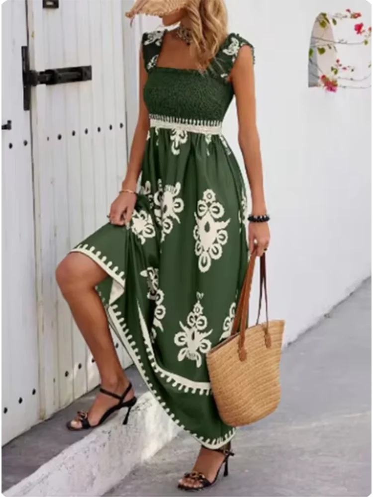 Summer Square Collar Printed Dress - High Waist A-Line Suspender Dress