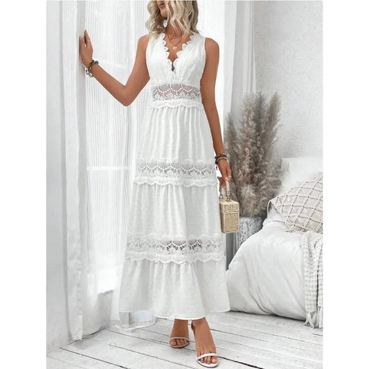 Women's White Lace V-Neck Sleeveless Dress - High Waist Ankle Length Long Dress