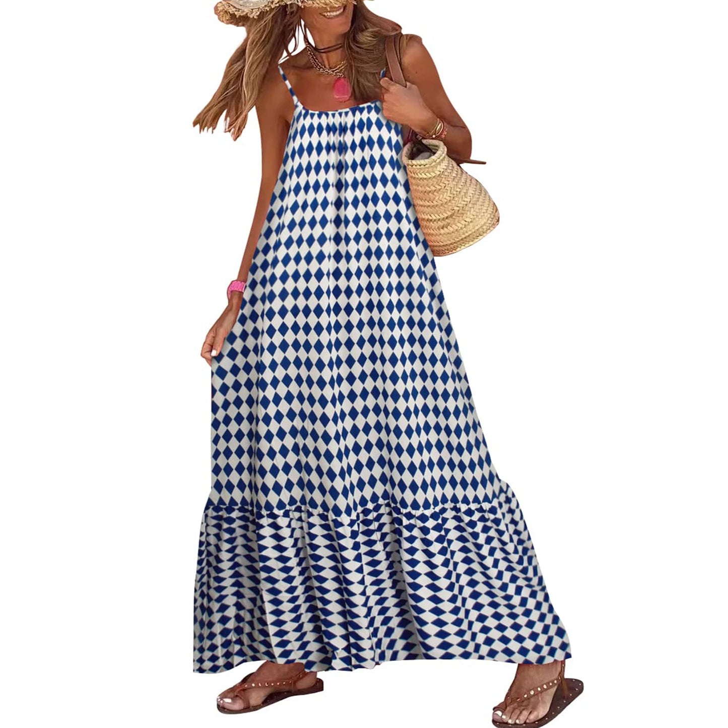 Boho Print Maxi Dress - Sleeveless Spaghetti Strap Summer Sundress