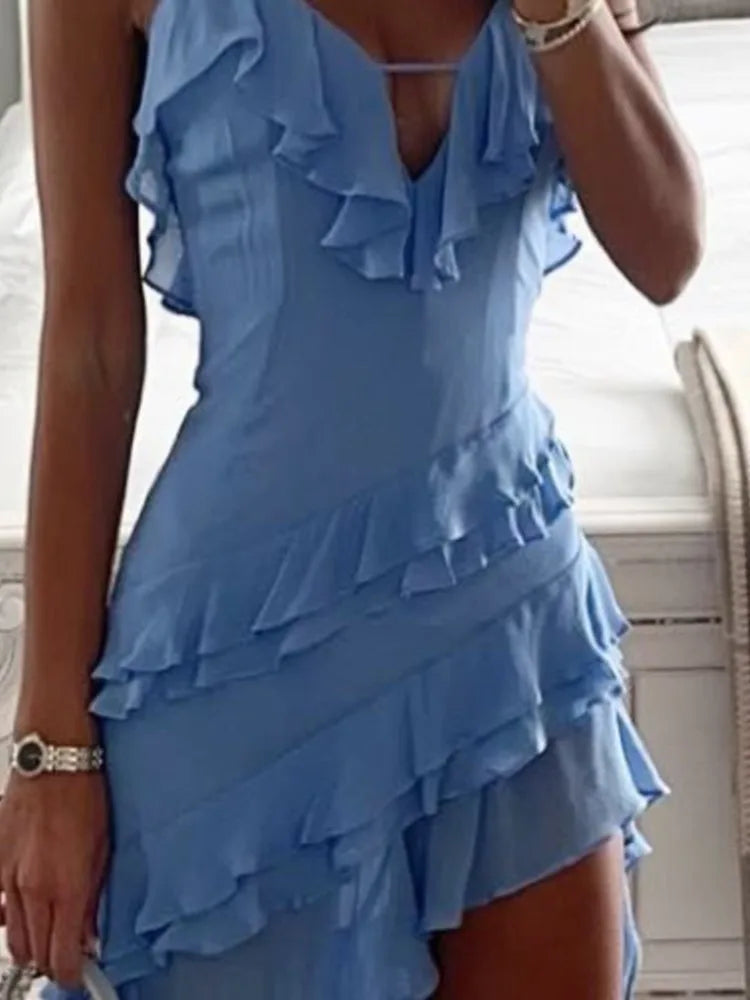 Elegant Beach Dress - Solid Colour V-Neck Ruffle Sleeveless Split Dress for Women