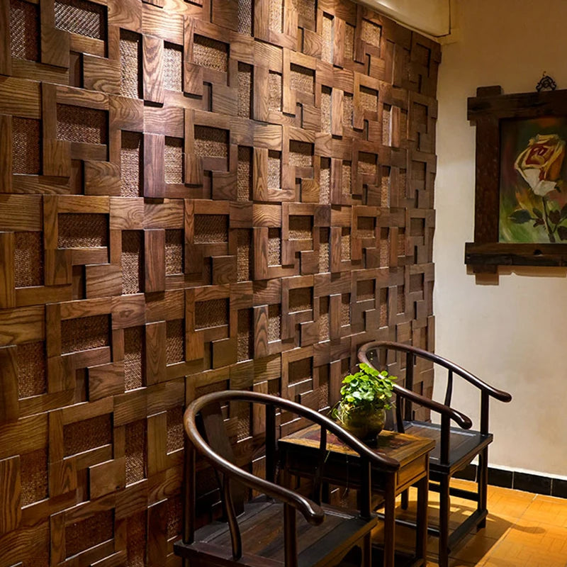 Mosaic Decorative Wall Panels - Rattan Weaving & Ash Wood, Retro Style