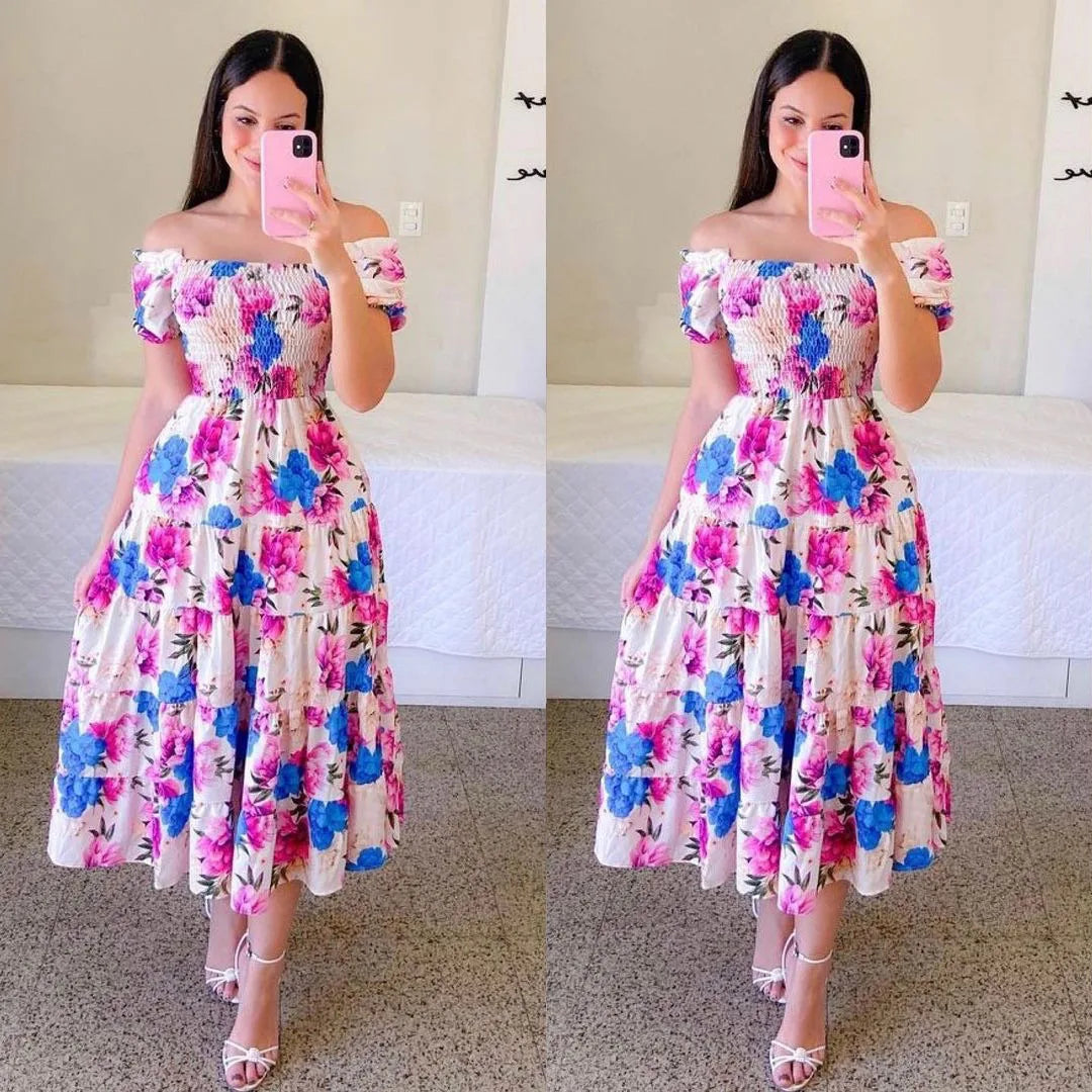 Women's High Waisted Long Dress - Elegant Loose Fit Contrasting Colours Beach Summer Dress