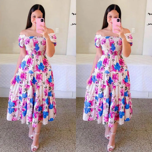 Women's High Waisted Long Dress - Elegant Loose Fit Contrasting Colours Beach Summer Dress
