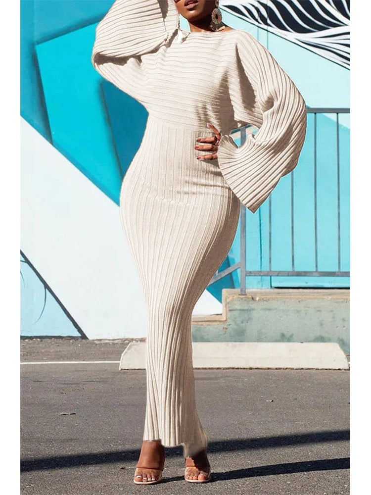 Batwing Sleeve Knitted Dress - Bodycon Ribbed Long Style