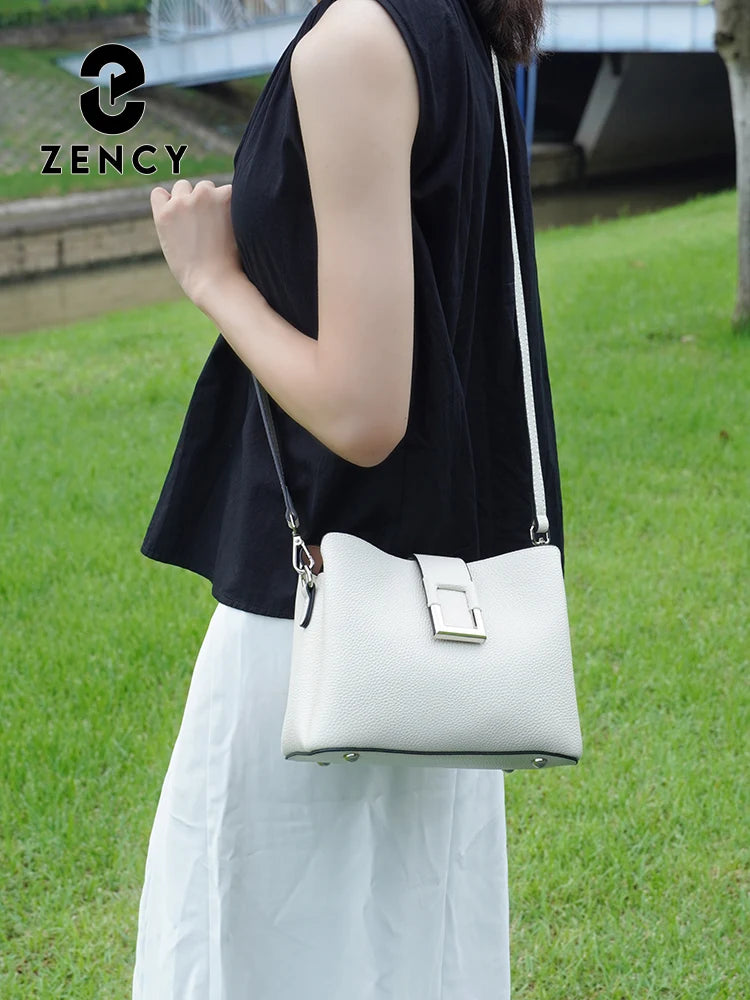 White Leather Designer Tote Bag - Zency Bucket Handbag