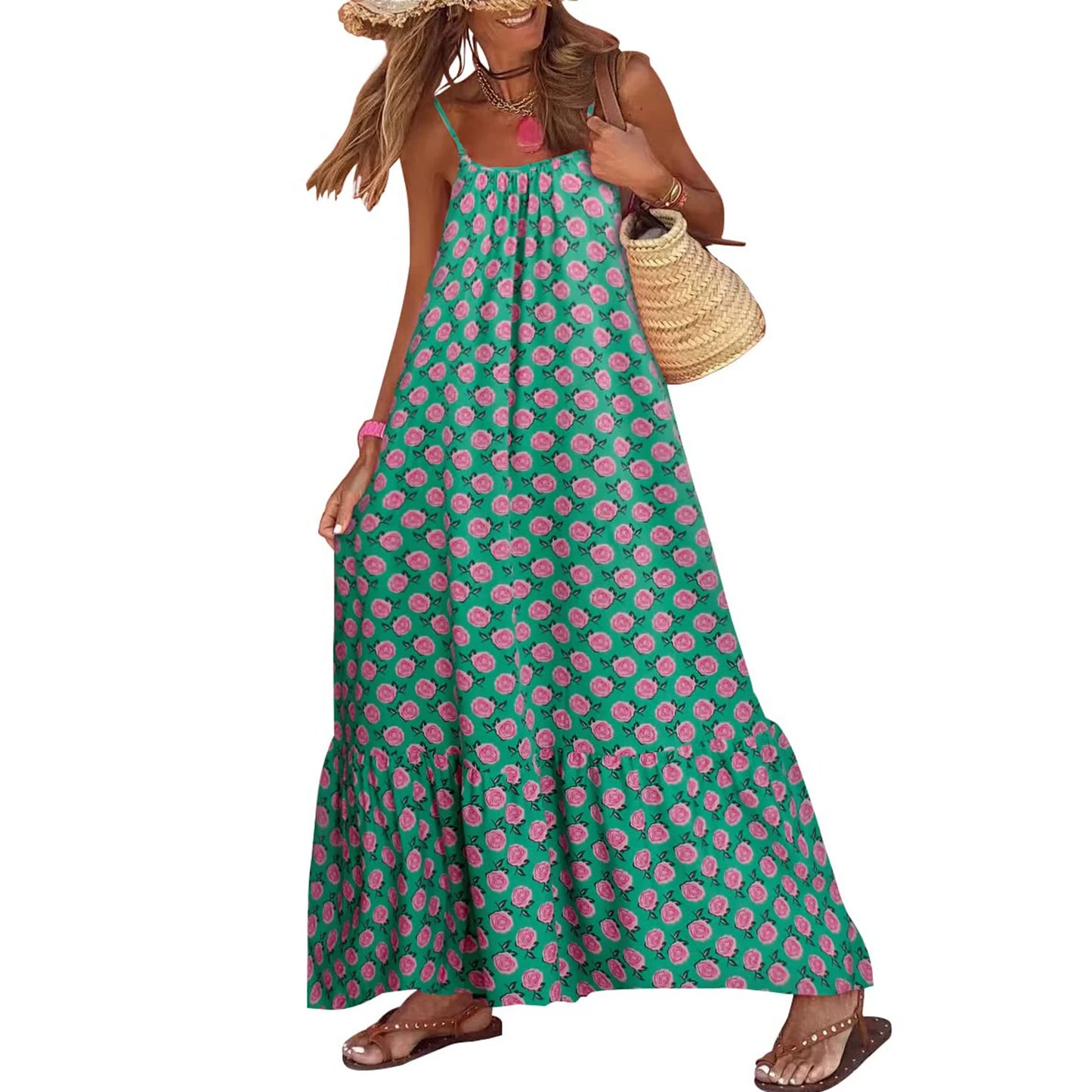 Boho Print Maxi Dress - Sleeveless Spaghetti Strap Summer Sundress