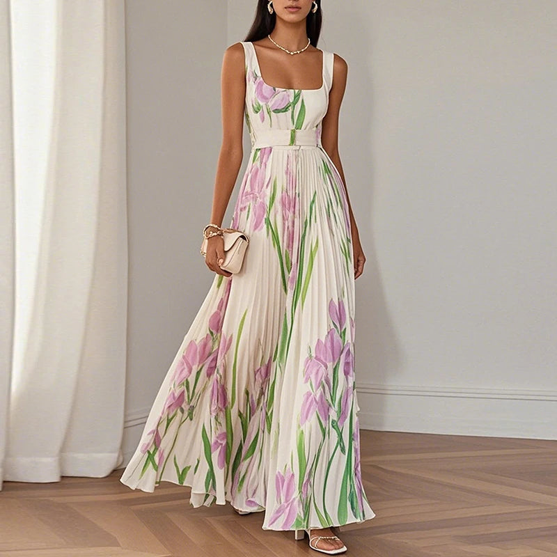Floral Print Sleeveless Dress - Square Collar Party Style