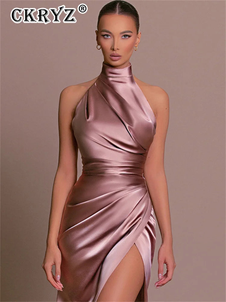 Elegant Satin Evening Dress - Sleeveless Halter Long Dress