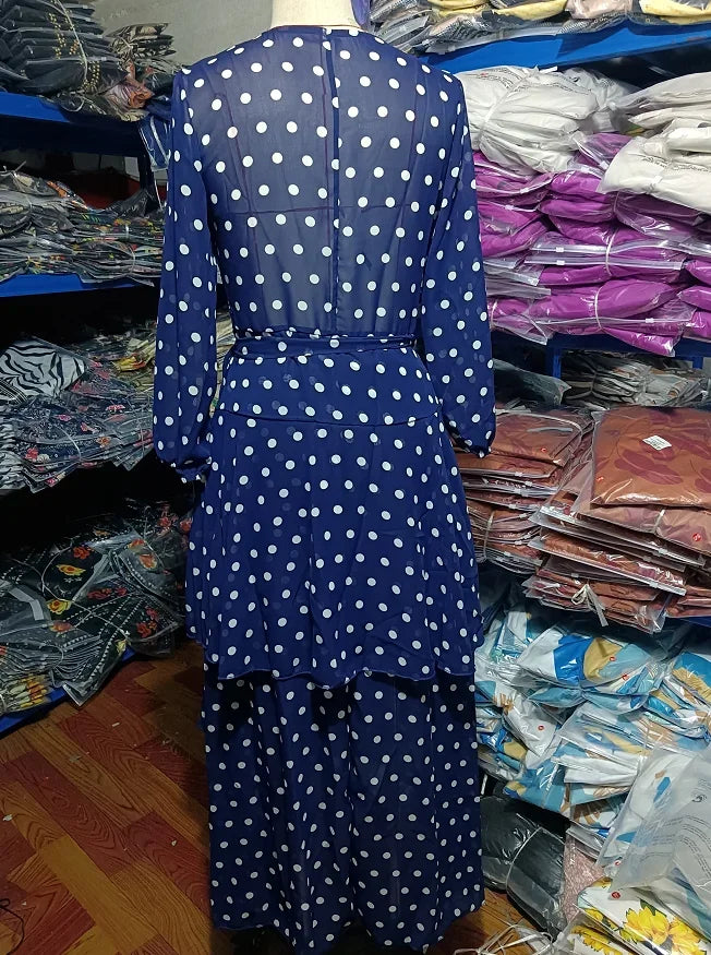 Wave Dot Print Long Dress - V-Neck Long Sleeve with Irregular Hem