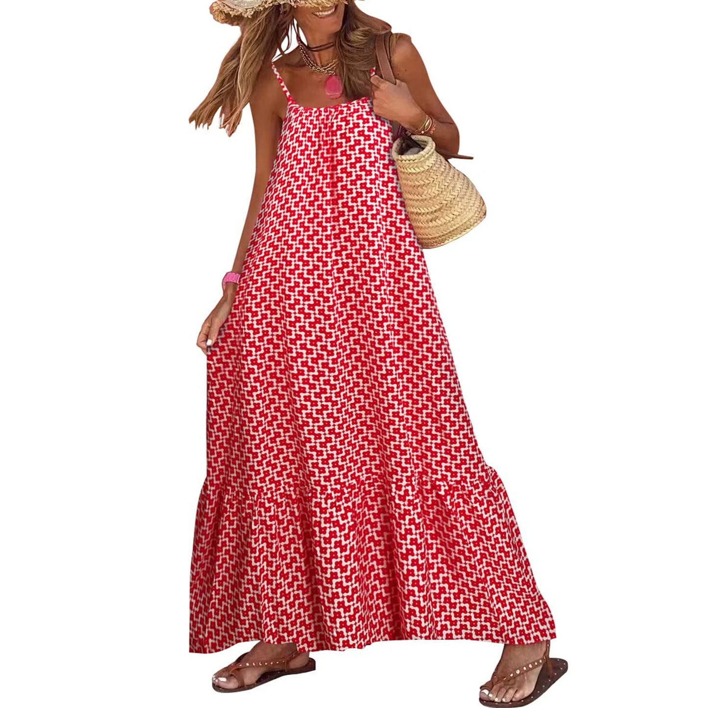 Boho Print Maxi Dress - Sleeveless Spaghetti Strap Summer Sundress