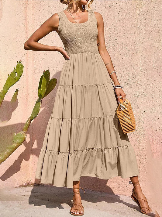 Elegant Sleeveless Summer Long Dress - Solid Colour Elastic Waist Beach Party Dress